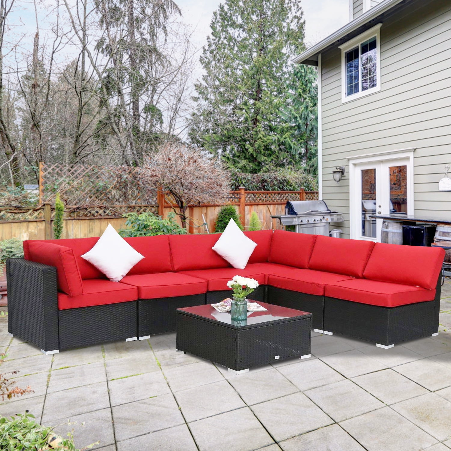 Kinbor 7pcs Patio Sectional Furniture Set, Outdoor PE Rattan Wicker