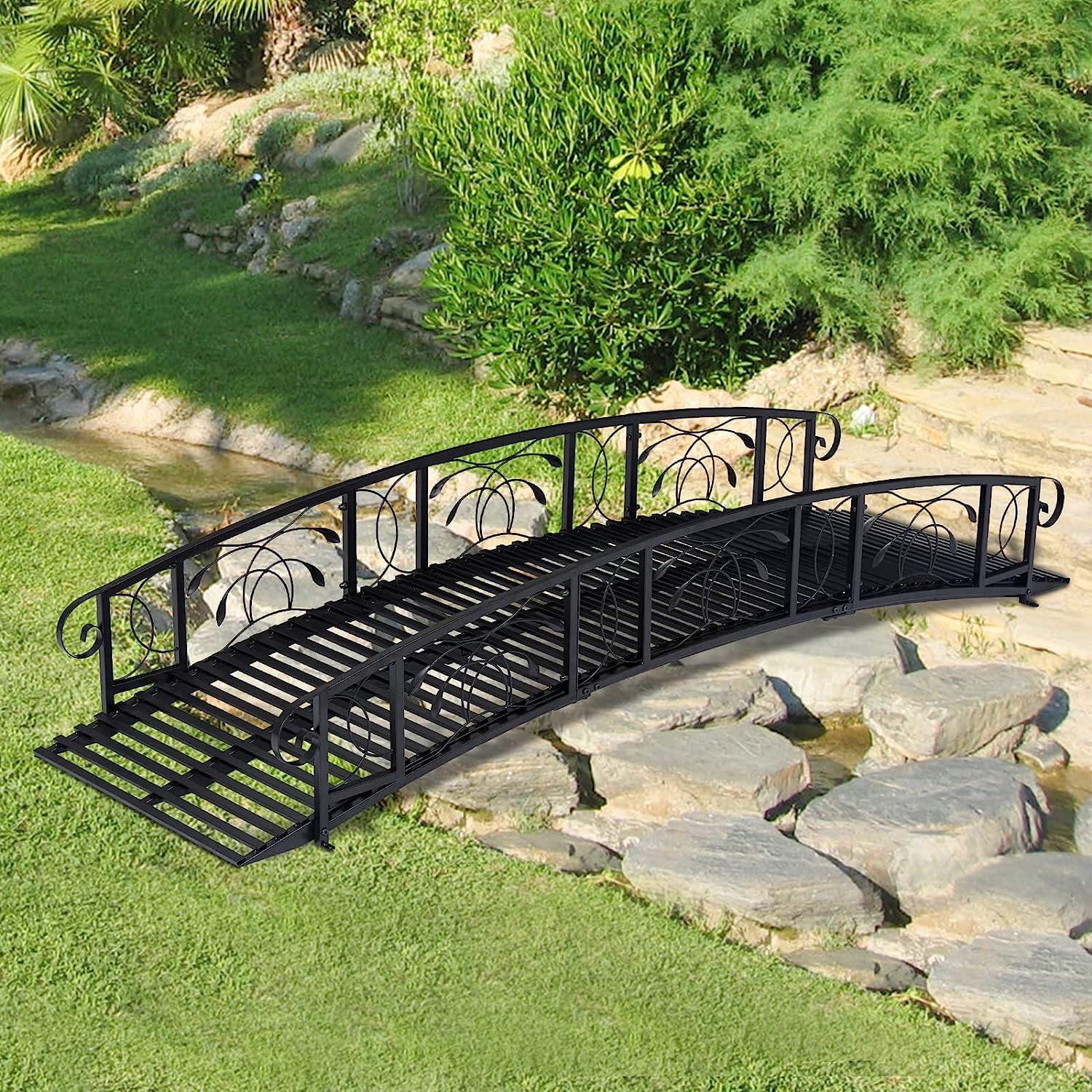 Kinbor 8 Ft Metal Garden Bridge, Garden Arch Footbridge w/ 2 Safety  Patterned Siderails Outdoor Decorative, Black