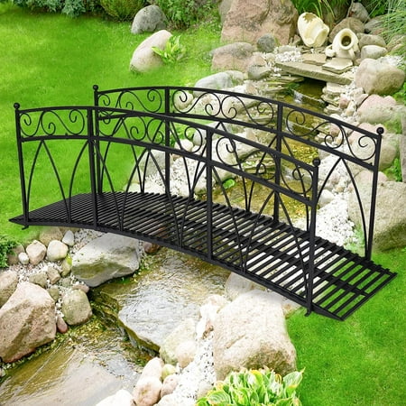 Kinbor 8ft Outdoor Metal Garden Bridge, Garden Arch Footbridge w/ 2 Safety Patterned Siderails, Black
