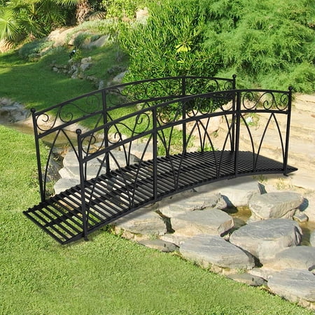 Kinbor 8ft Outdoor Metal Garden Bridge, Garden Arch Footbridge with 2 Safety Patterned Siderails, Black