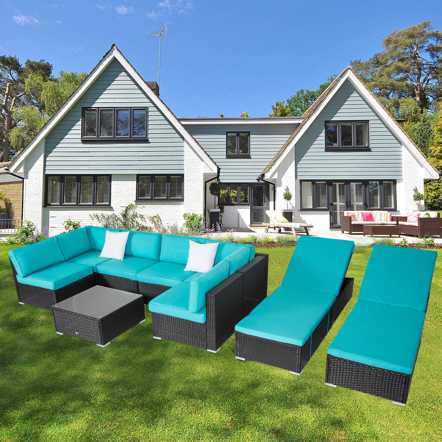 Kinbor 9pcs Outdoor Patio Furniture Sectional Pe Rattan Wicker Rattan Sofa Set with Chaise Lounge Chair, Turquoise - image 1 of 9