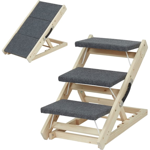 Kinbor Dog Ramp Folding Pet Stairs, Portable 2-in-1 Pet Stair with Carry Handle, Non-Slip Carpet 3-Step Puppy Ladder for Dogs & Cats