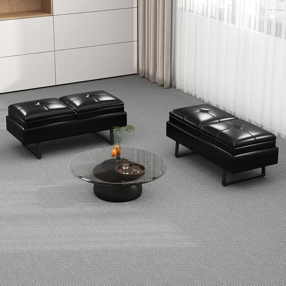 Kinbor Faux Leather Waiting Room Chairs - 2-Seat Modern Upholstered Office Guest Reception Bench, PU Leather Couch with Thickened Cushion for Reception Room Barber Lobby Salon(Set of 2, Black)