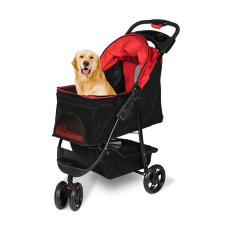 Kinbor Folding Dog Stroller - Pet Stroller w/3 Wheels, Storage Basket and Cup Holders, Red