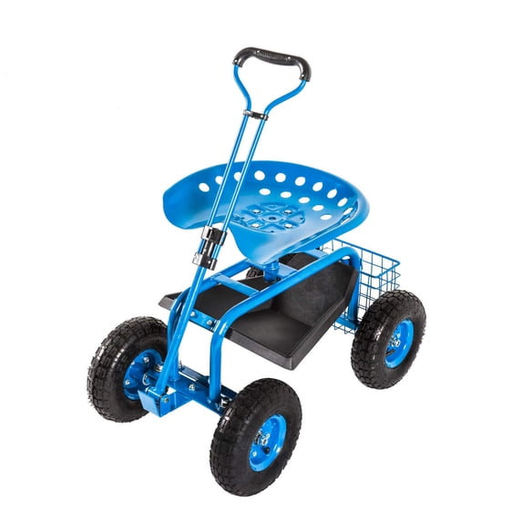 Kinbor Garden Cart Rolling Work Adjustable Swivel Seat for Planting w/Tray Basket Extendable Handle