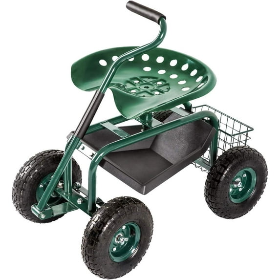 Kinbor Garden Scooter Garden Seat with Wheels, Rolling Gardening Cart with Seat, Metal Garden Wagon Cart, Green
