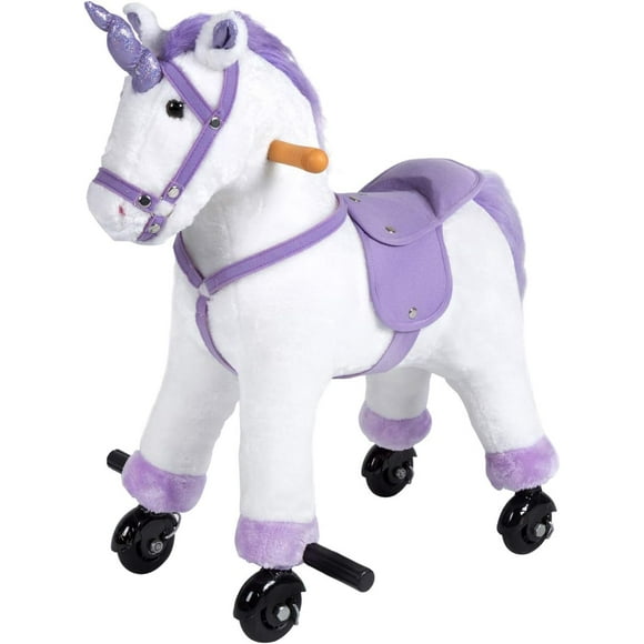 Kinbor Kids Ride on Rocking Plush Toy Walking Horse with Wheels & Neigh Sound, White