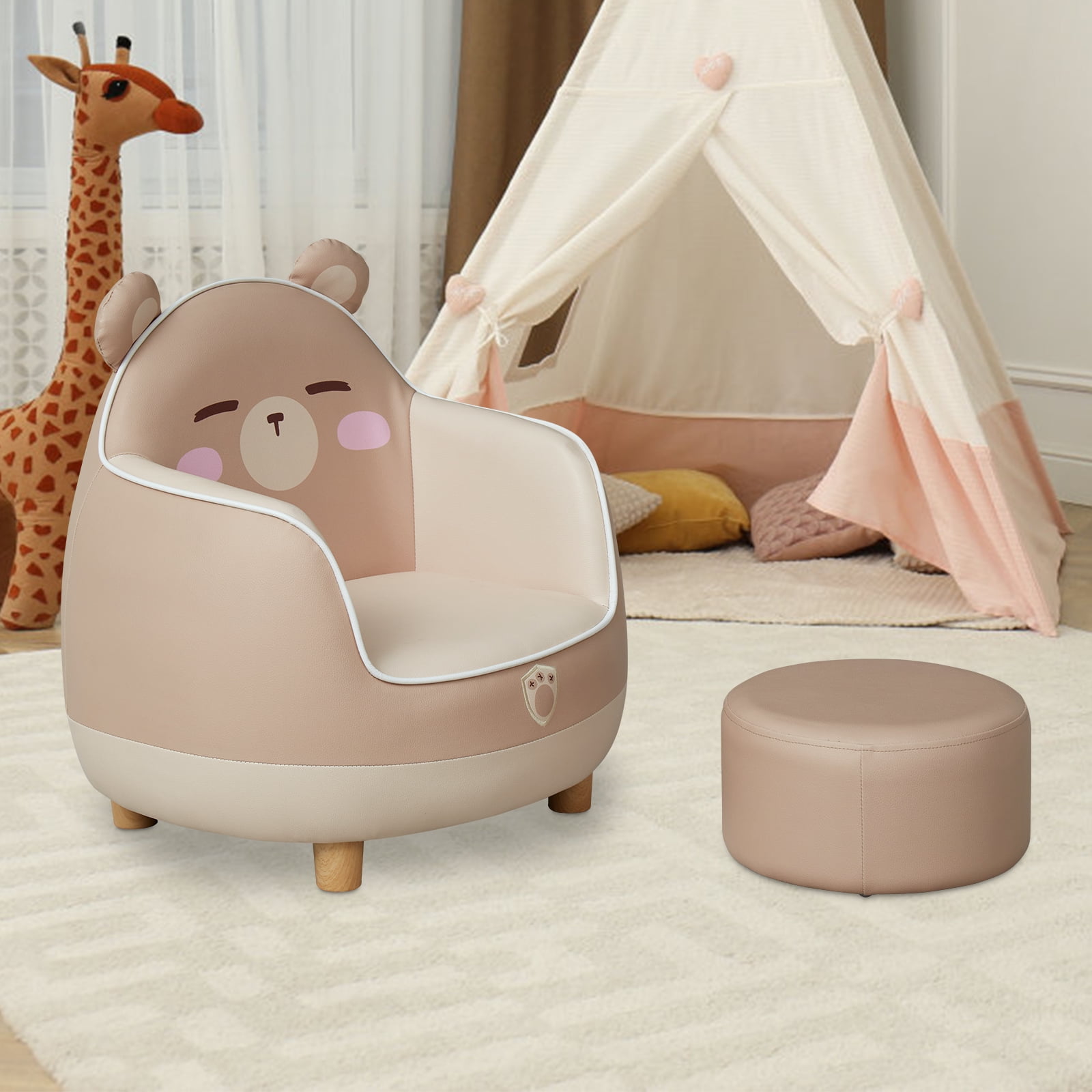 Kinbor Kids Sofa Toddler Leather Chair Animals Design Armchair w Ottoman for Nursery Kindergarten Brown
