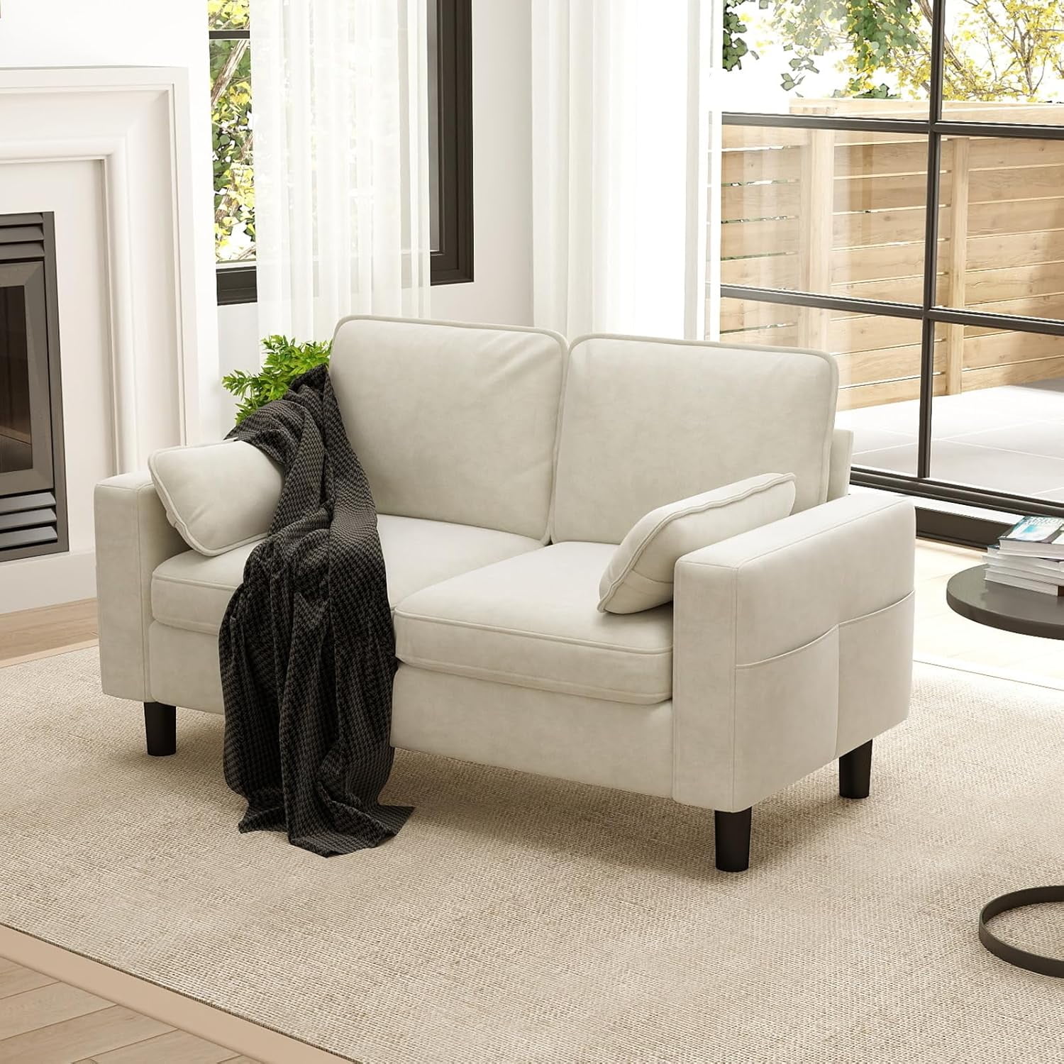 Kinbor Multi-Functional Loveseat Sofa Chair, Modern Accent Chairs Oversized Armchair Comfy Living Room Chair with Cushions & Side Pocket, Beige