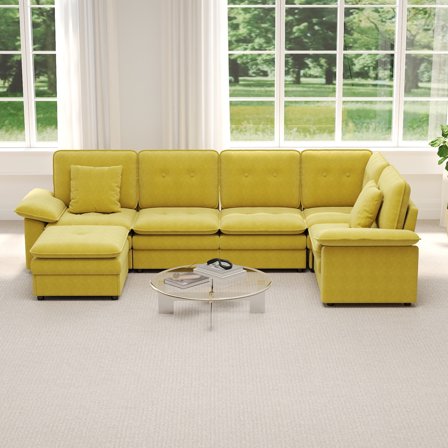 Kinbor Modular Sectional Sofa Set, Convertible Sleeper with 2 Armrest Sofa, 1 Corner Sofa, 2 Middle Sofa, 1 Ottoman for Living Room, Yellow