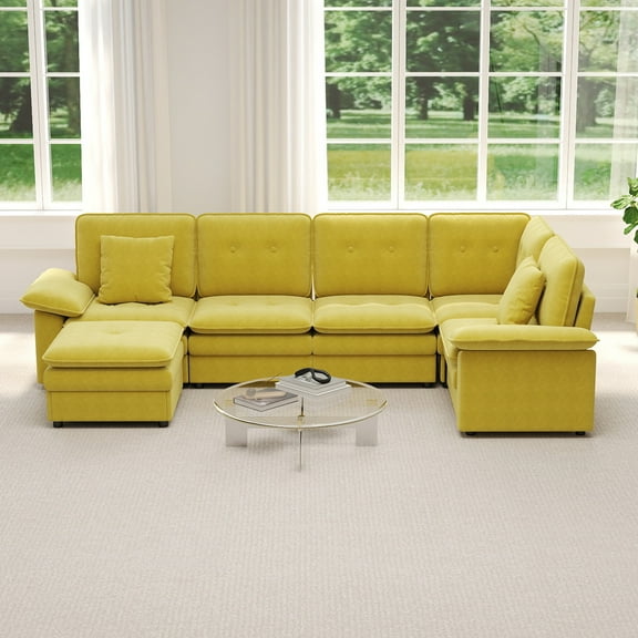 Kinbor Modular Sectional Sofa Set, Convertible Sleeper with 2 Armrest Sofa, 1 Corner Sofa, 2 Middle Sofa, 1 Ottoman for Living Room, Yellow