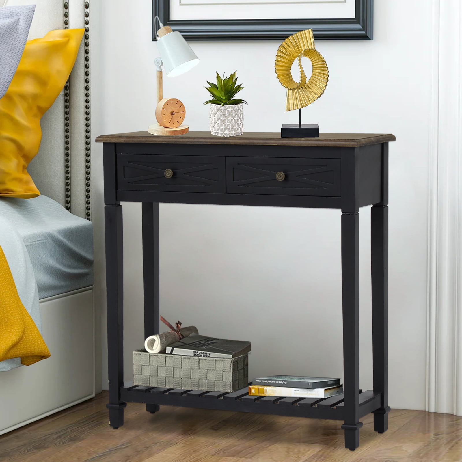 Kinbor Narrow Console Sofa Table Entryway Hallway Decoration Modern Nightstand Side Table Accent Furniture with Drawers Shelf Black