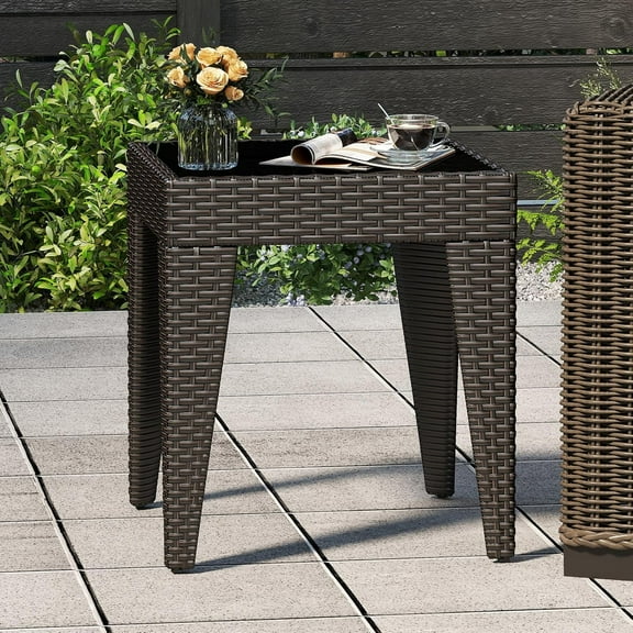 Kinbor Outdoor Furniture Patio Table Wicker Coffee Table, Square End Table Tempered Glass Top with Storage, Brown