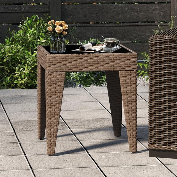Kinbor Outdoor Furniture Patio Table Wicker Coffee Table, Square End Table Tempered Glass Top with Storage, Sesame Color