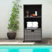 Kinbor Outdoor Pool Towel Rack, Waterproof PE Rattan Storage Cabinet Organizer with 2 Storage Shelves & 1 Bottom Drawer, Gray