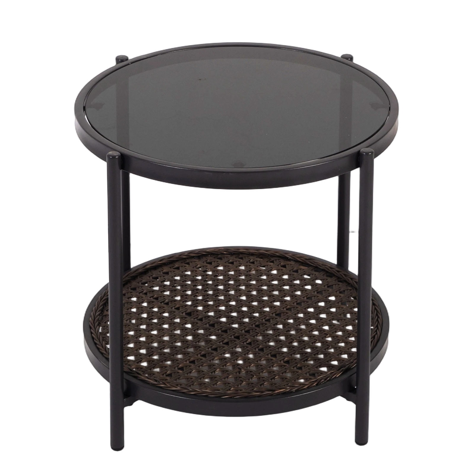 Kinbor Outdoor Wicker Side Table – Roud Patio End Table with Tempered Glass Top, Rubber Suction Pads & Storage Shelf, All-Weather Rattan Coffee Table for Balcony, Porch, Deck, Garden, Easy Assembly