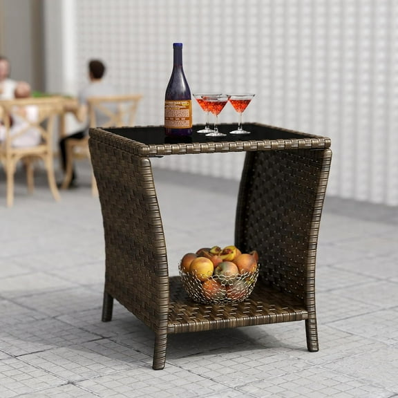 Kinbor Outdoor Side Table, Tempered Glass Top Small Outdoor Wicker Table with Storage Shelf, Durable PE Rattan & Iron Frame, Mixed Dark Brown