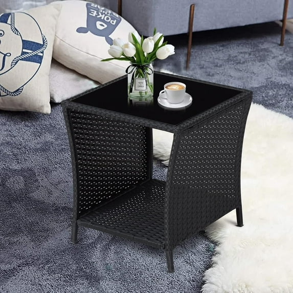 Kinbor Outdoor Side Table Wicker Rattan Side Tables, End Table for Patio with Glass Top Rattan Storage, Black