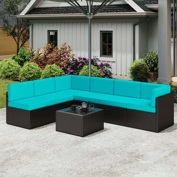 Kinbor Outdoor Wicker Furniture Set 7Pcs Sectional Sofa Patio Conversation Sofa Set with Turquoise Cushion