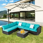 Kinbor Outdoor Wicker Furniture Set 7Pcs Sectional Sofa Patio Conversation Sofa Set with Turquoise Cushion