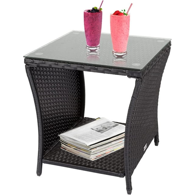 Kinbor Indoor/Outdoor Iron Rattan Wicker Side Table with Glass Top for