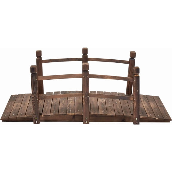 Kinbor 5 ft Wooden Garden Bridge - Patio Bridges Double Railings Stained Finish Footbridge Decorative Pond Bridge Outdoor Lawn Arc Walkway