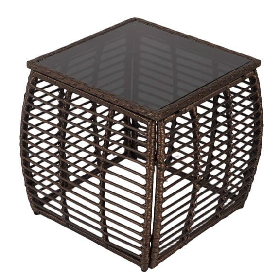 Kinbor Square Outdoor Wicker Side Table – Patio End Table with Tempered Glass Top, All-Weather Rattan Coffee Table for Balcony, Porch, Deck, Garden, Black Gold