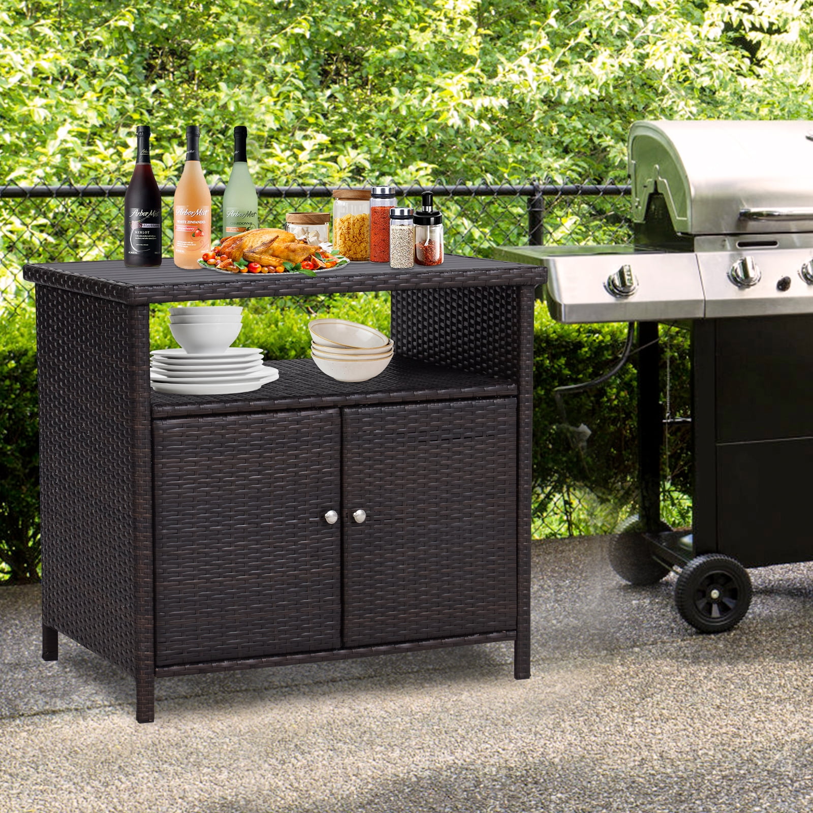 Kinbor Outdoor Wicker Storage Patio Bar Tables with Two Doors