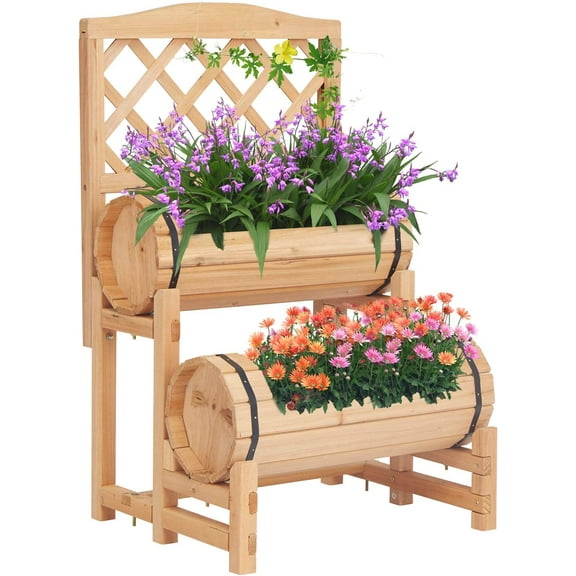 Kinbor Outdoor Wood Raised Garden Bed Planter Box with Trellis for Climbing Plants Growing, Garden Balcony Patio