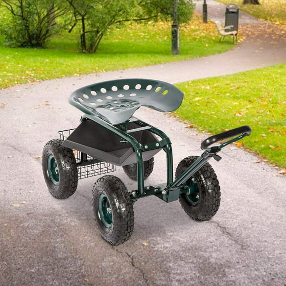 Kinbor Patio Garden Cart Rolling Work Seat with Tool Tray, Green