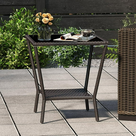 Kinbor Patio Tables Wicker Coffee Table, Outdoor Side Table Square Tempered Glass Top with Storage, Brown