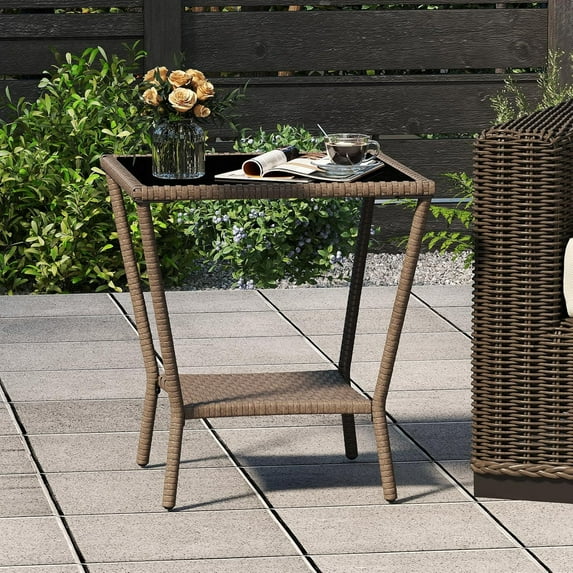 Kinbor Patio Tables Wicker Coffee Table, Outdoor Side Table Square Tempered Glass Top with Storage, Sesame Color