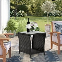 Kinbor Patio Wicker Rattan Side Table Outdoor Square Tempered Glass Top with Storage, Black