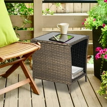 Kinbor Patio Wicker Side Table Outdoor Square Tempered Glass Top End Table with Storage, Brown
