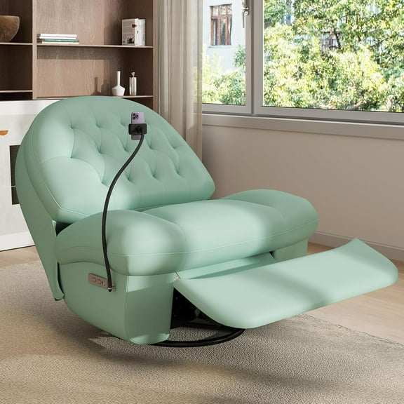 Kinbor Power Swivel Rocker Recliner Chair, Swivel Rocking Sofa with Button Control, Phone Holder & USB Ports, Green