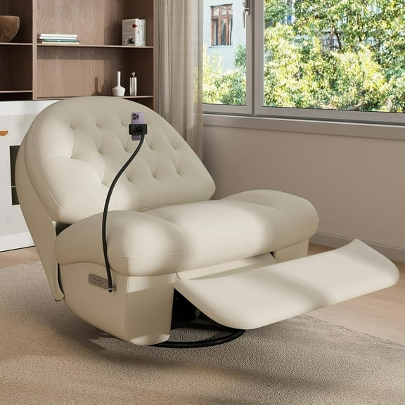 Kinbor Power Swivel Rocker Recliner Chair, Swivel Rocking Sofa with Button Control, Phone Holder & USB Ports, White