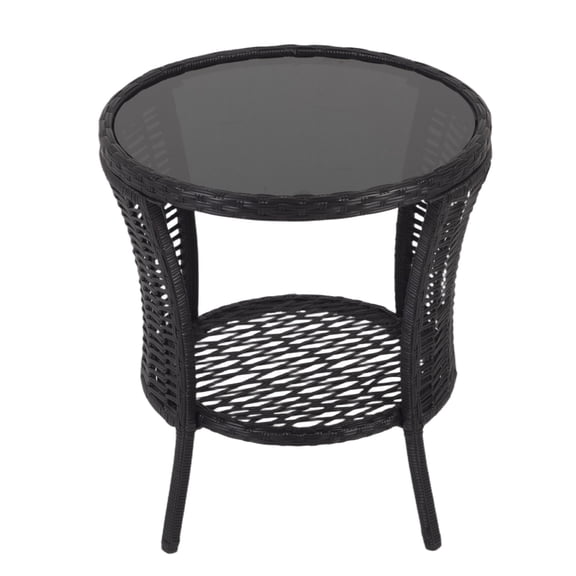 Kinbor Round Outdoor Wicker Side Table - with Tempered Glass Top, Patio End Table with Unique Shape, Storage Shelf for Balcony, Porch, Deck, Garden, Weather-Resistant Rattan, Easy Assembly