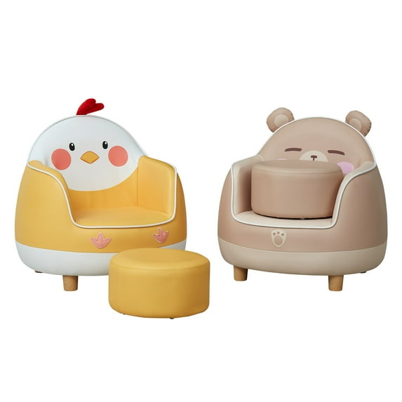 Kinbor Set of 2 Kids Sofa Children Leather Chair Child Upholstered Armchair w/ Ottoman, Toddler Lounge Sofa, Yellow&Brown