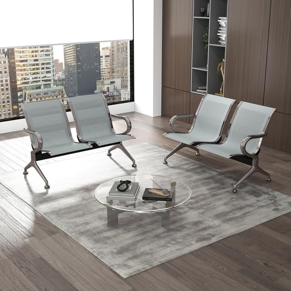 Kinbor Set of 2 Waiting Room Chairs, 2-Seat Airport Reception Chairs Bench Lobby Bench Seating for Office Bank Hospita, Silver