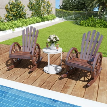 Kinbor Set of 2 Wooden Wagon Wheel Rocking Chair, Outdoor Rocking Chair with Slatted Back and Wheel Armrests, Rustic Brown