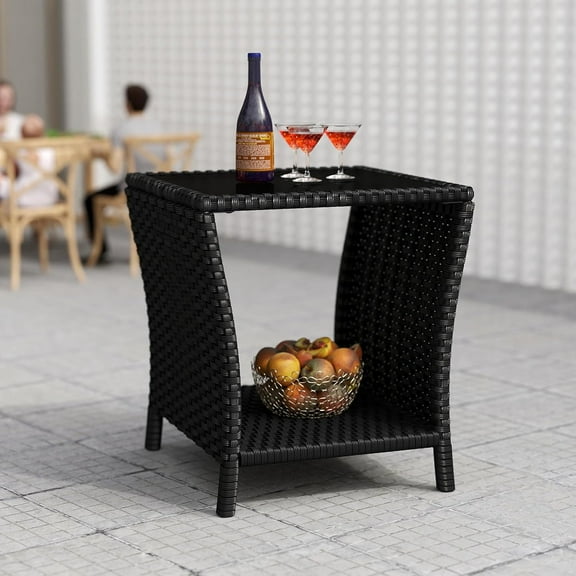 Kinbor Small Outdoor Table, Tempered Glass Top Outdoor Wicker Side Table with Storage Shelf, Durable PE Rattan & Iron Frame, Black