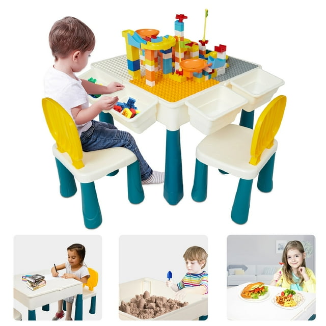 Kinbor Toddler Building Blocks Table, 8in1 Multi Kids Activity Table & Chairs Set w/ 160PCS