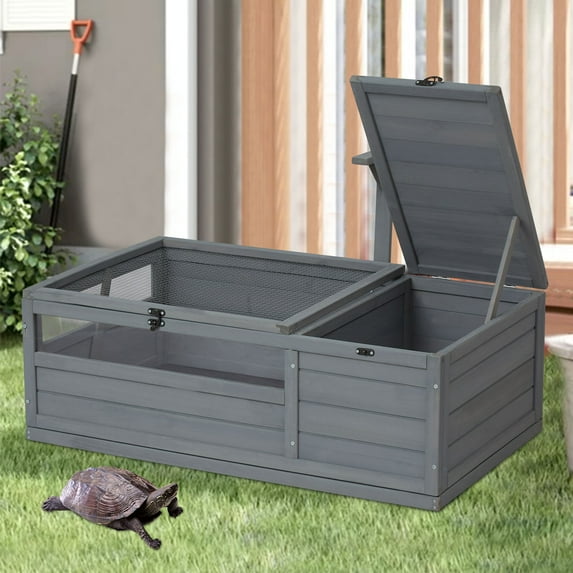Kinbor Tortoise House Large Turtle Habitat Enclosure, Reptile Cage with Weatherproof Bottom&Light Support Frame for Small Animals, Gray
