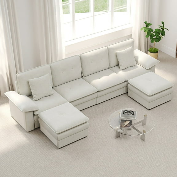 Kinbor U-Shaped Modular Sectional Sofa Set, Convertible Sleeper with 2 Armrest Sofa, 2 Middle Sofa, 2 Ottoman for Living Room, Beige