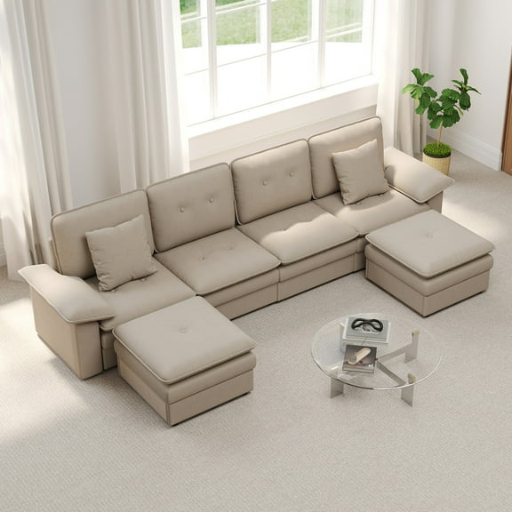 Kinbor U-Shaped Modular Sectional Sofa Set, Convertible Sleeper with 2 Armrest Sofa, 2 Middle Sofa, 2 Ottoman for Living Room, Khaki