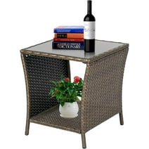Kinbor Wicker Rattan Side Table Outdoor Square Tempered Glass Top with Storage, Brown