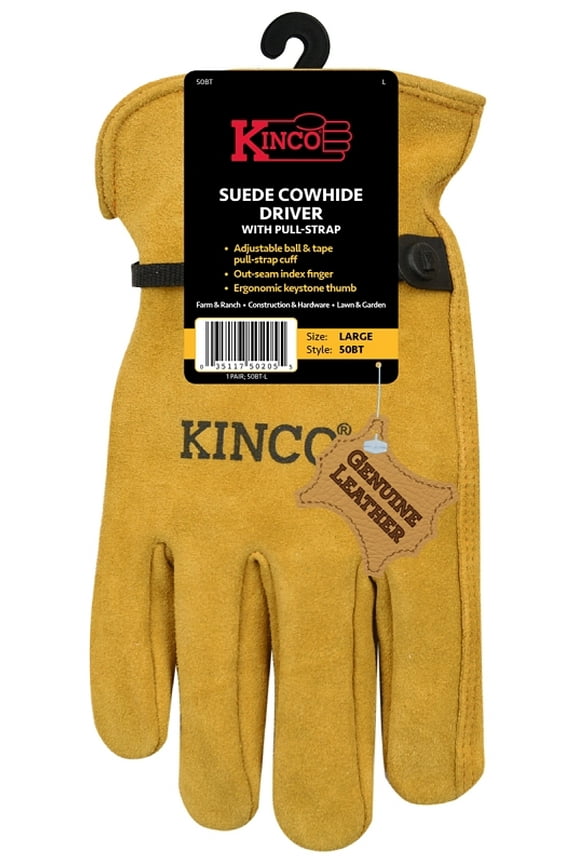 50BT-L Driver Gloves, Men's, L, Keystone Thumb, Ball and Tape Cuff, Suede Cowhide Leather, Gold