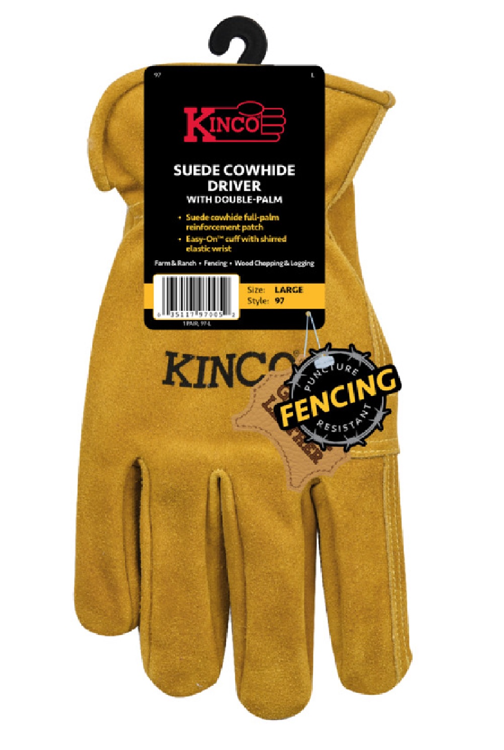 Kinco 97L Gloves, L, Shirred Elastic Cuff, Keystone Thumb, Gold