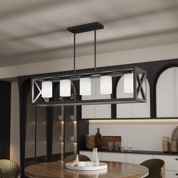 Kincubow 5-Light Farmhouse Chandelier Dining Room Light Fixture Matte Black Rectangle Kitchen Island Lighting Adjustable Height E26 Base Black White