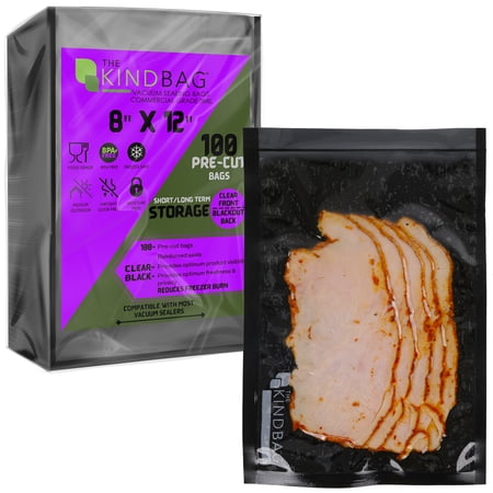 The Kind Bag Vacuum Seal Bags for Food; Food Grade, BPA Free & Freezer Safe; Airtight, Odor Free and Moisture Free; Commercial Grade 3mil Clear & Black; 8x12 inch Pre Cut Bags (100ct)